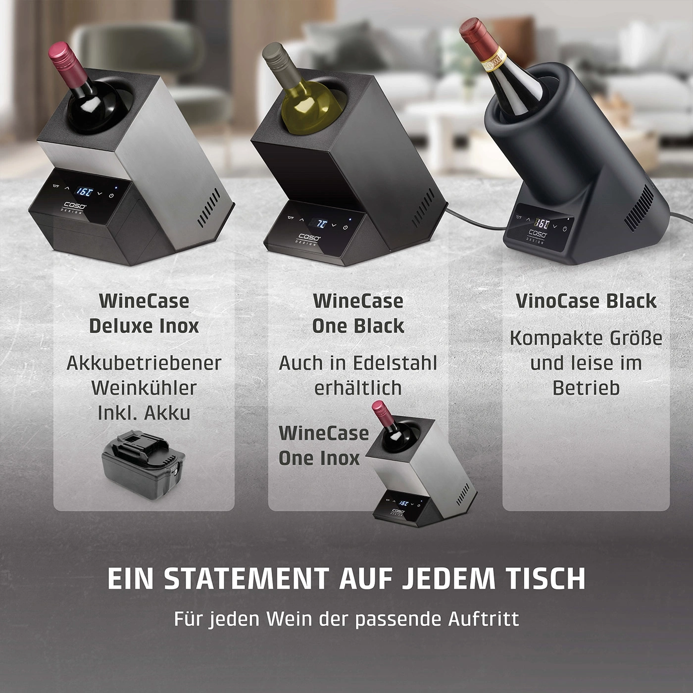 Weinkühler-Angebote: Deluxe Inox, One Black, VinoCase Black. Für jeden Wein.