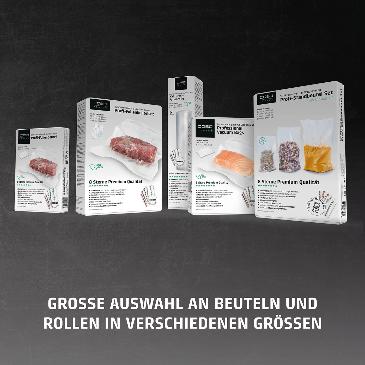 Vakuumbeutel und Rollen in verschiedenen Größen. Lebensmittelverpackung.