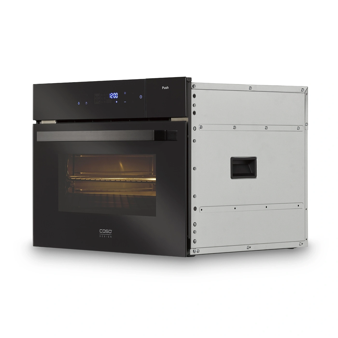 Schwarzer Ofen mit digitaler Anzeige und Push-Funktion, Caso Design.