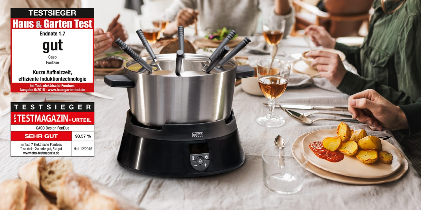 Fondue-Set mit Auszeichnungen, Essen am Tisch, Testmagazin-Urteil, sehr gut, 93,57 %