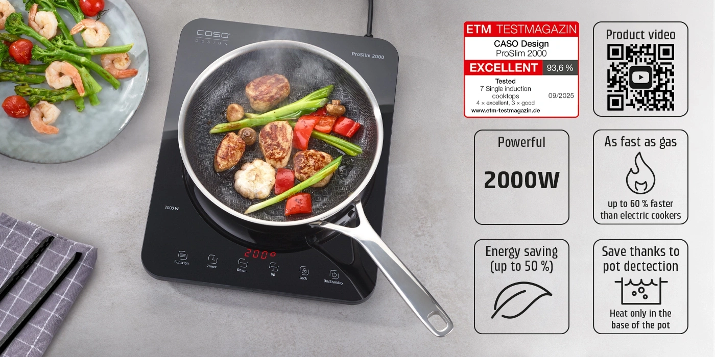 Induction cooktop with food, test magazine rating, 2000W power, energy saving.