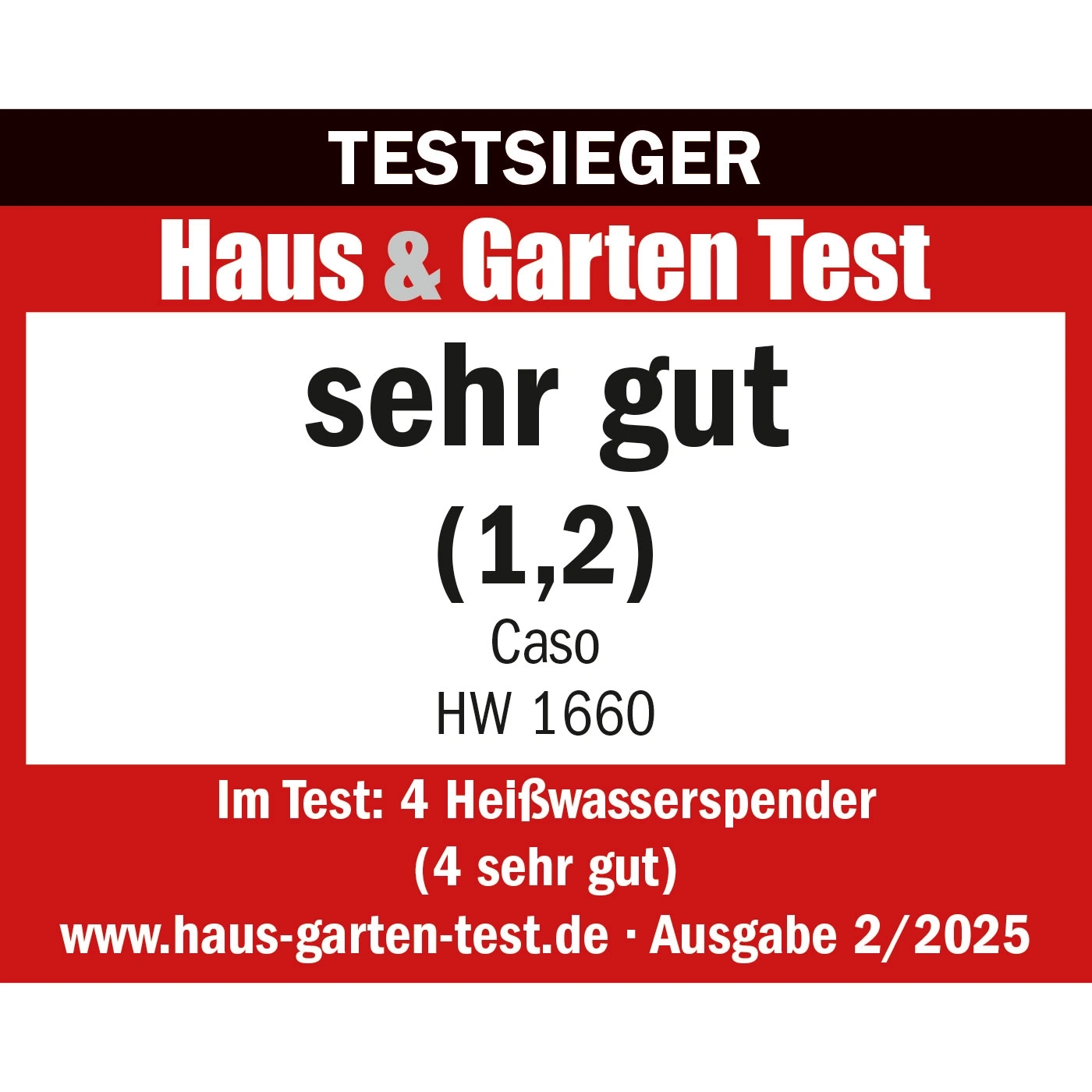 Testsieger "Haus & Garten Test" mit "sehr gut (1,2)" für Caso HW 1660 Heißwasserspender.