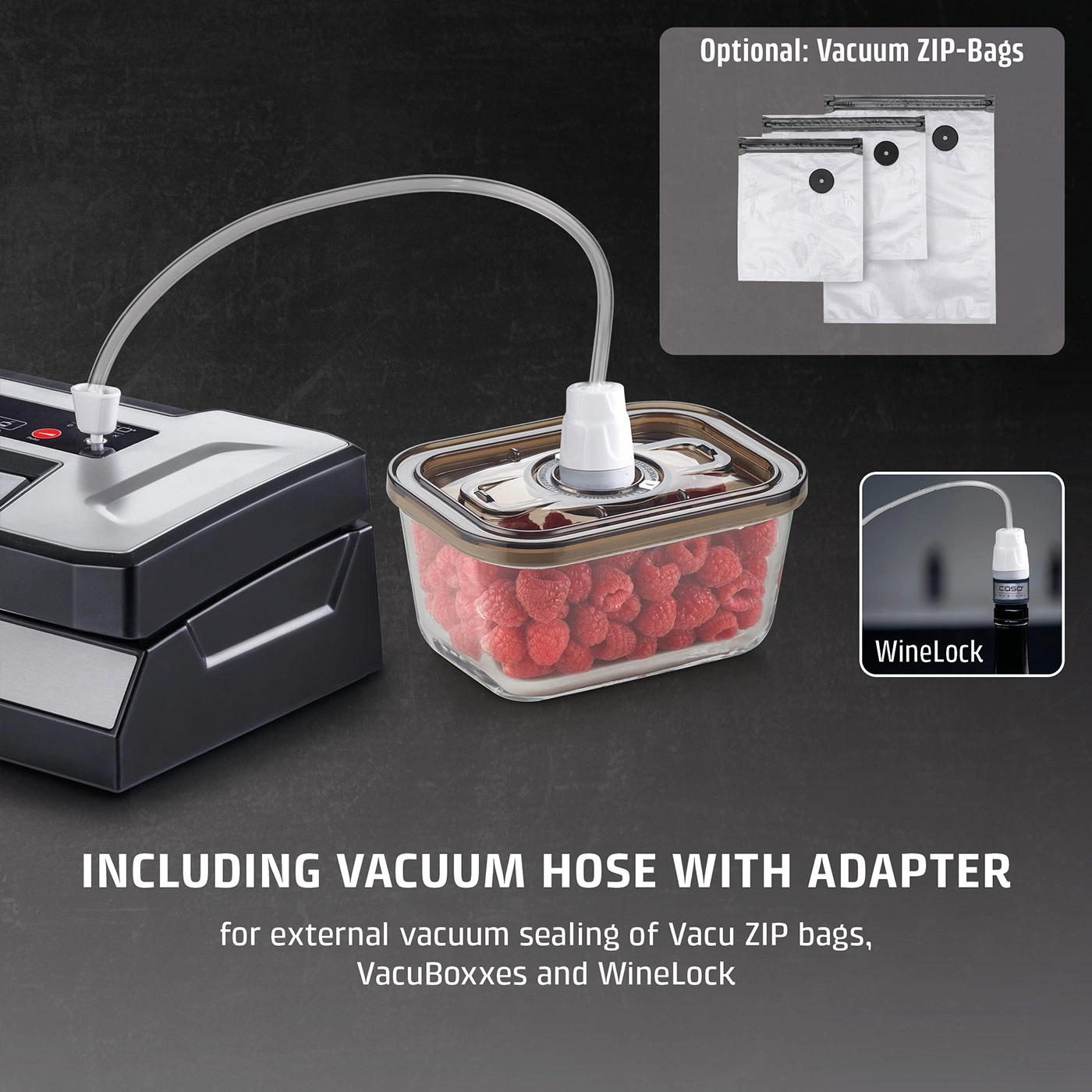 Vacuum sealer with hose, container, and optional bags