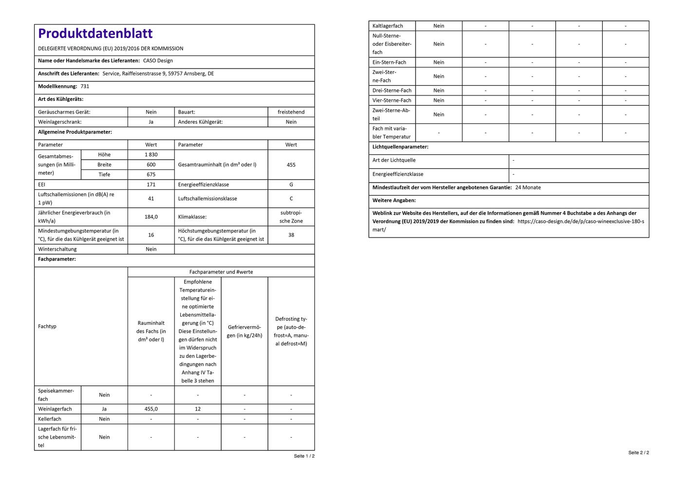 Produktdatenblatt Kühlschrank CASO Design, Weinlagerschrank, Energieeffizienzklasse G, 24 Monate Garantie