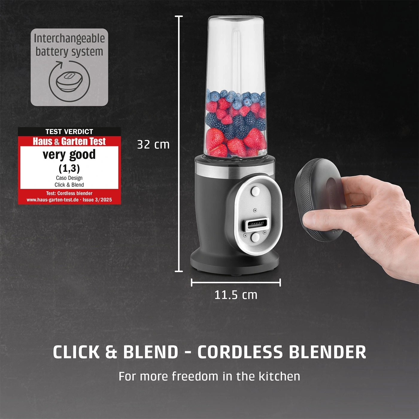 Cordless blender with interchangeable battery and fruits, dimensions 32x11.5 cm.