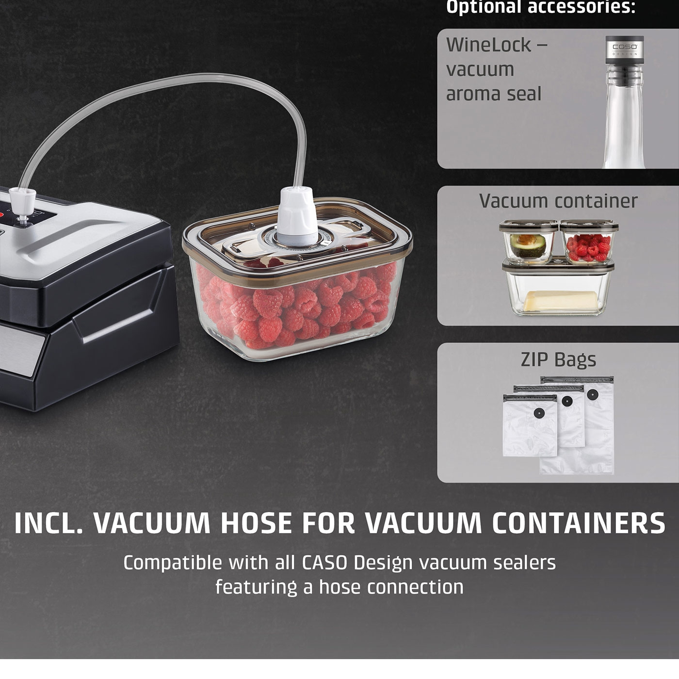 Vacuum sealer with accessories: vacuum containers, zip bags, wine bottle stopper.