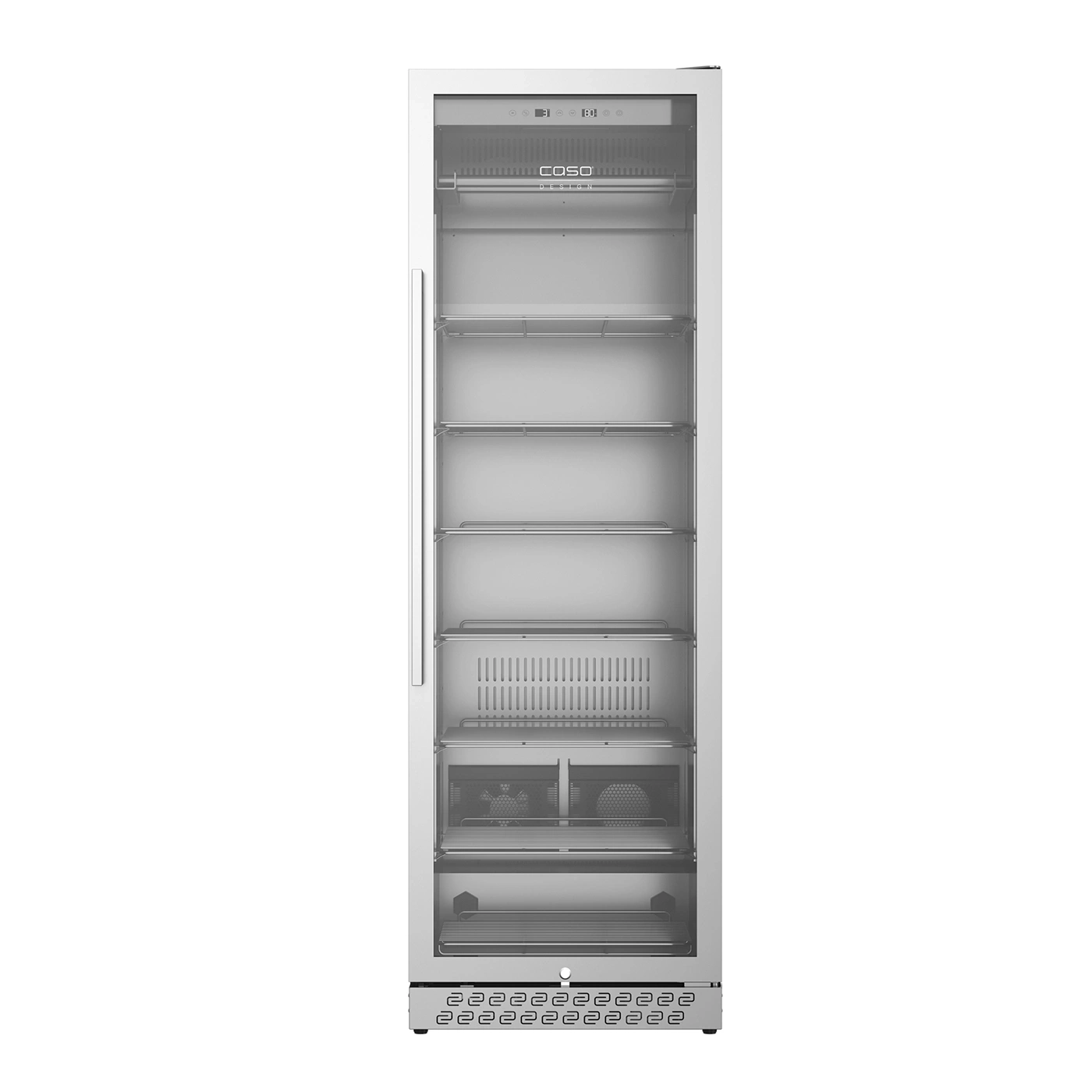 Glass front refrigerator, stainless steel, shelves, COSO Design, white background