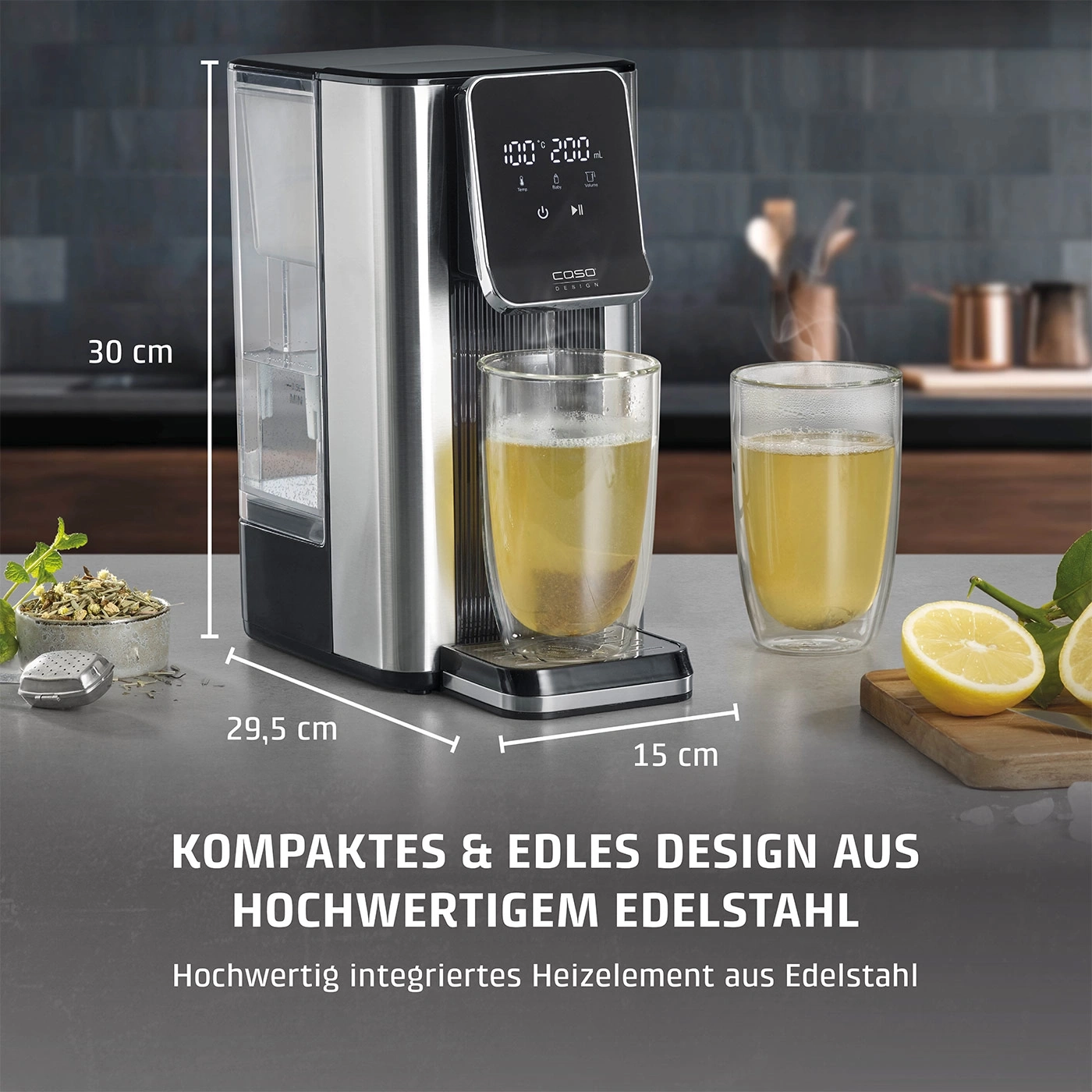 Edelstahl-Teemaschine mit kompaktem Design, 30 cm hoch, 29,5 cm breit, 15 cm tief.