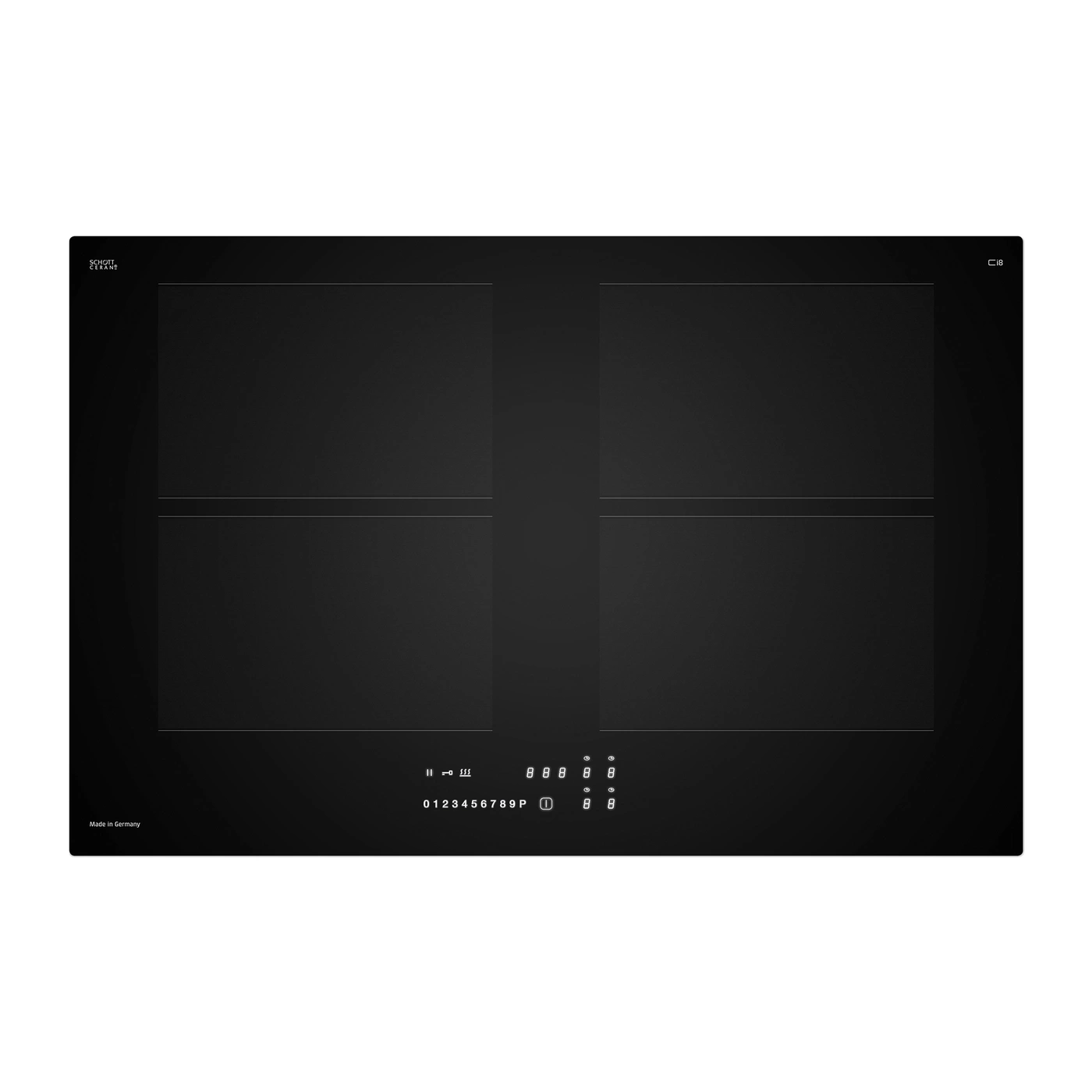 A black ceramic glass cooktop with two zones and touch controls, made in Germany.