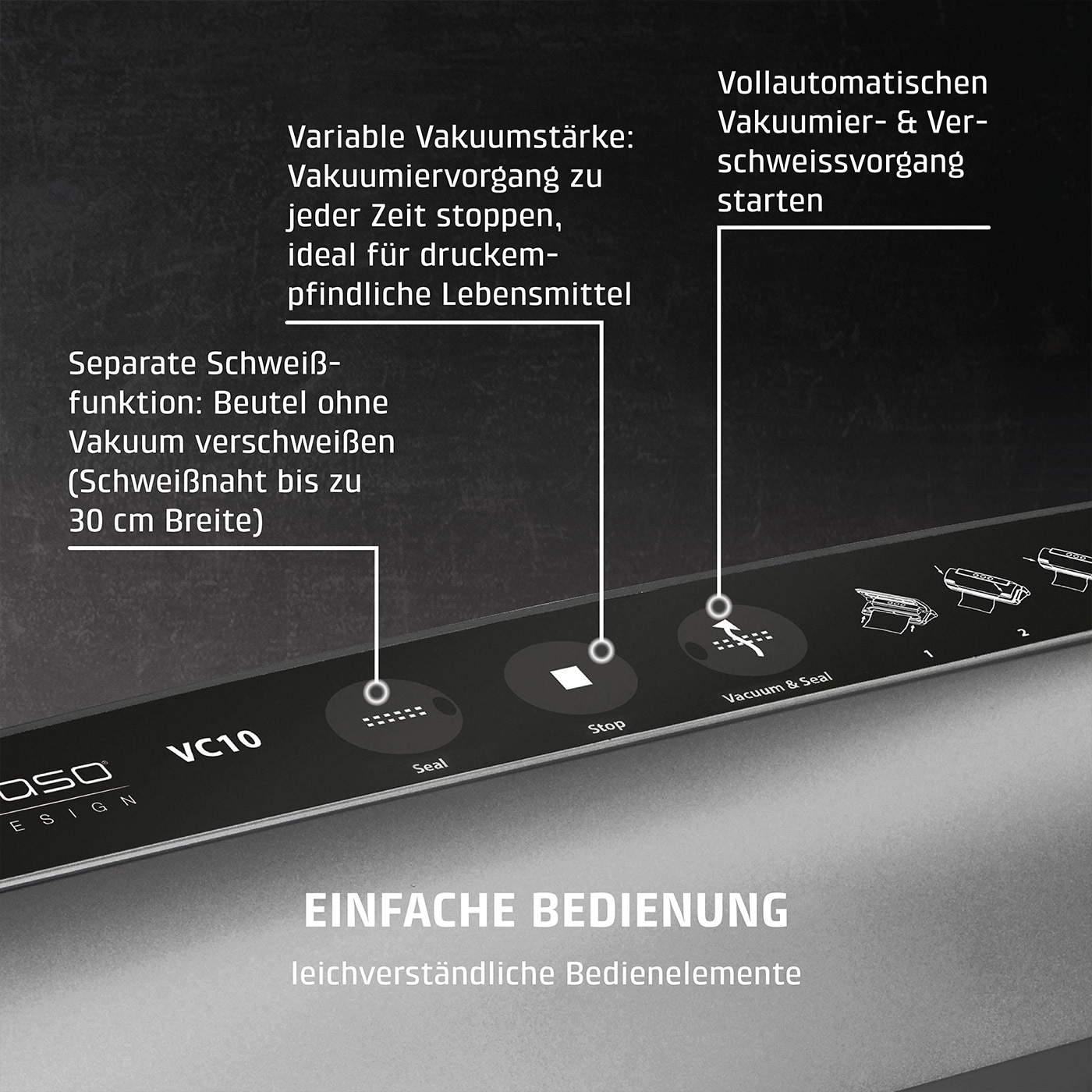 Vacuum sealer with features: vacuum, seal, stop, easy operation, for food preservation.