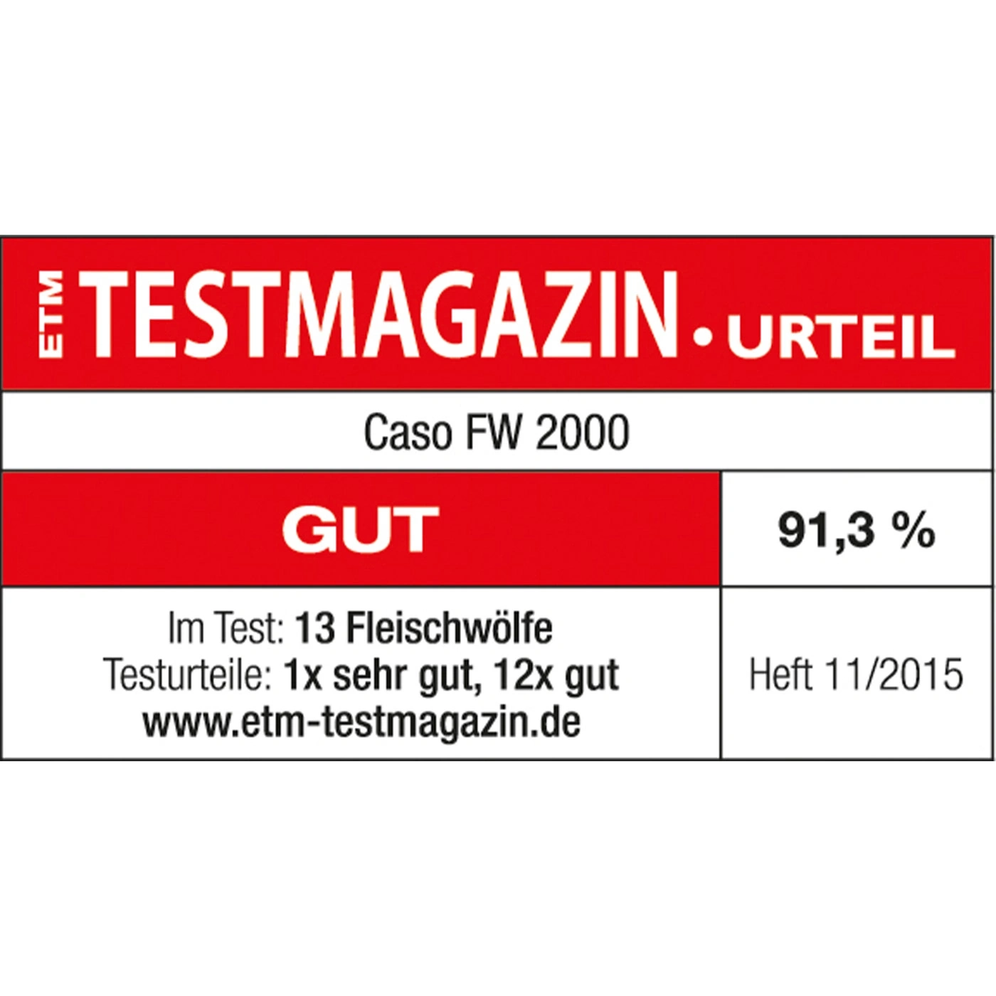 Testmagazin Urteil, Caso FW 2000, Bewertung: GUT, 91,3%, Heft 11/2015, Fleischwölfe Test.