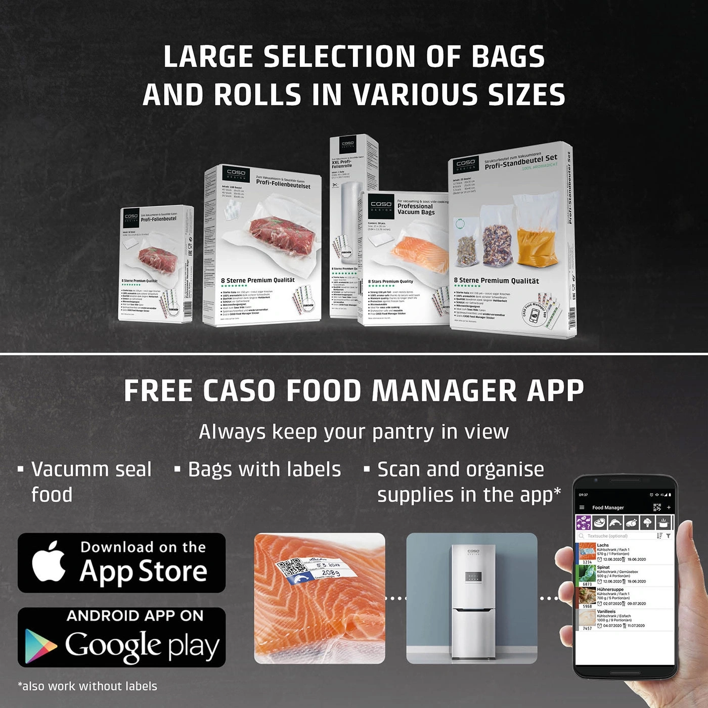 CASO packaging for vacuum sealers and accessories, next to it the description of the CASO Food Manager App.