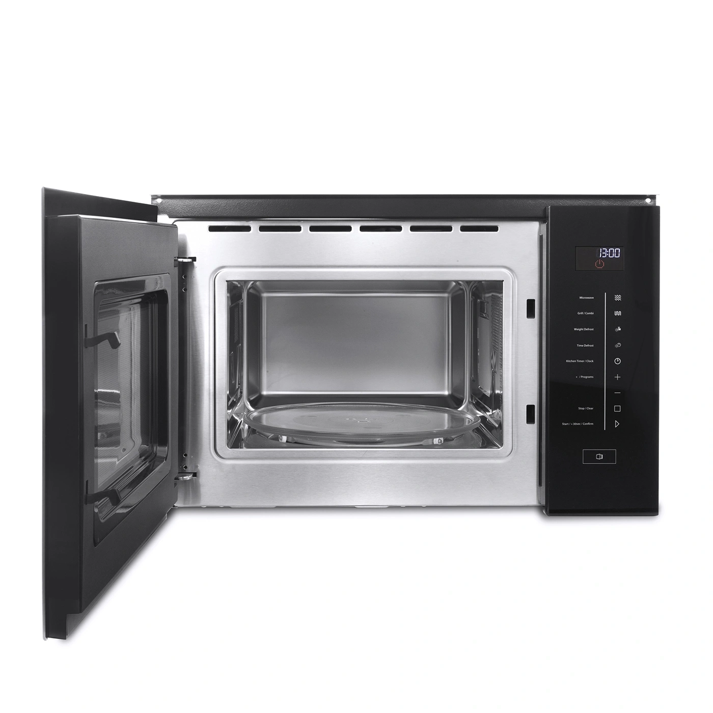 Microwave with open door, interior, control panel, digital display, stainless steel