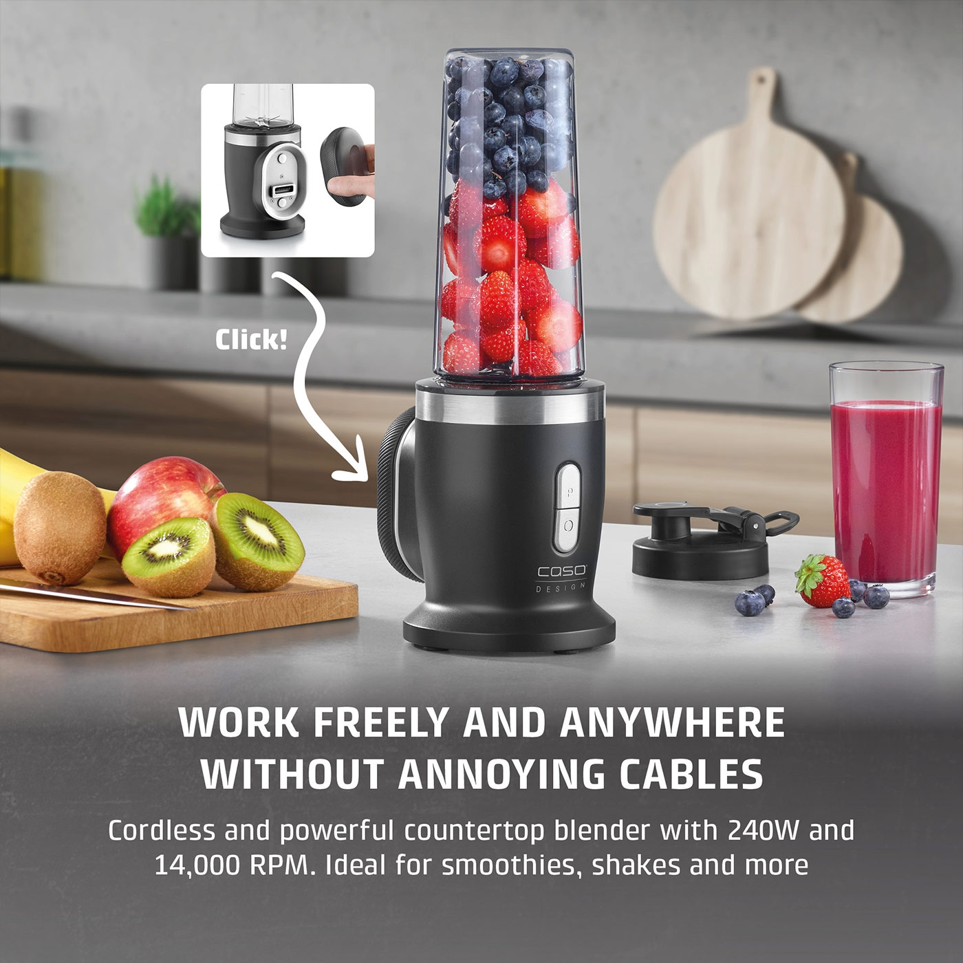 Blender with fruits, text: Free and everywhere without annoying cable work