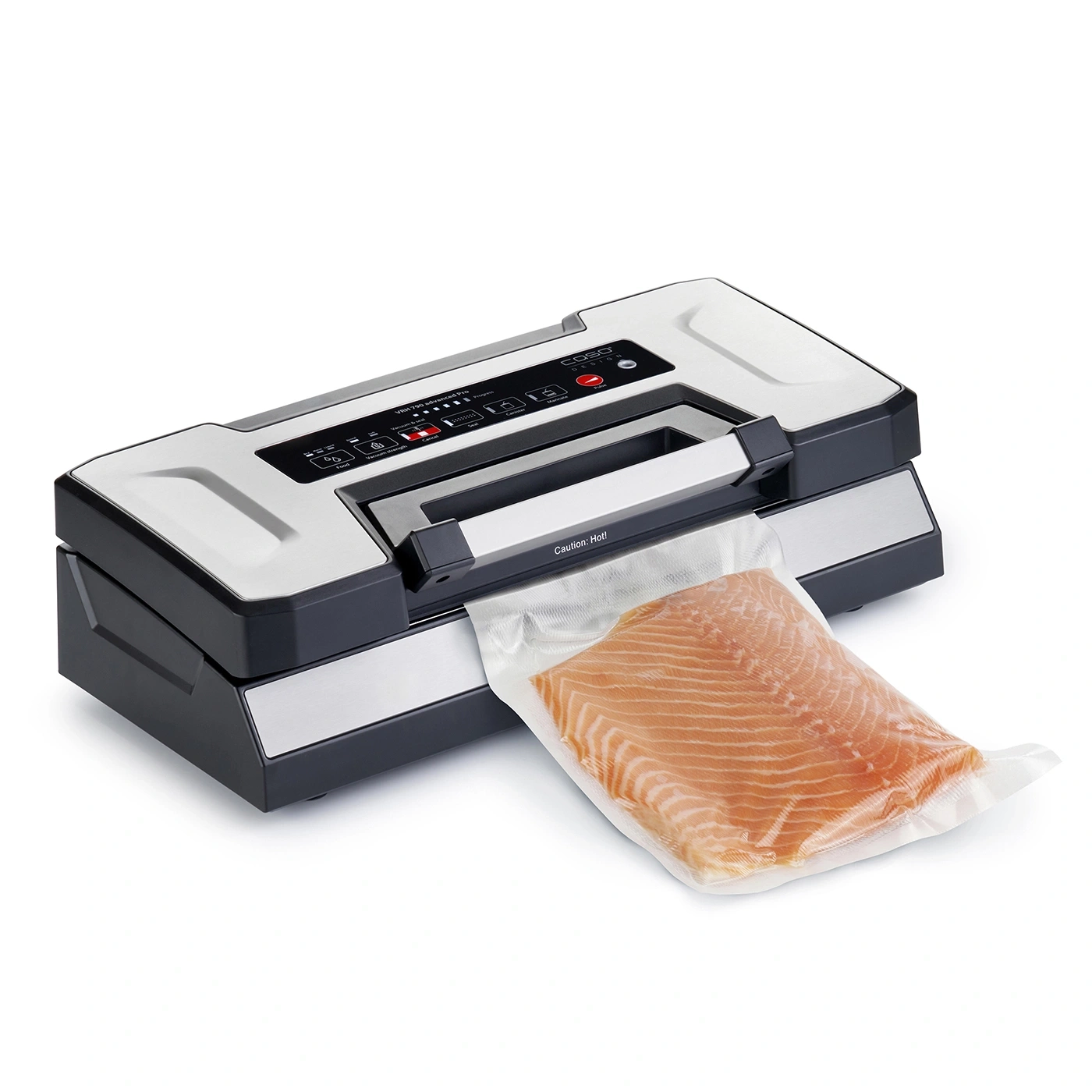Vacuum sealer with salmon in a plastic bag, ready to be sealed.