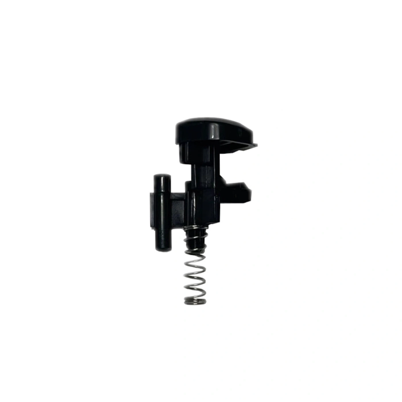 Black plastic part with spring, close-up shot, isolated on white background