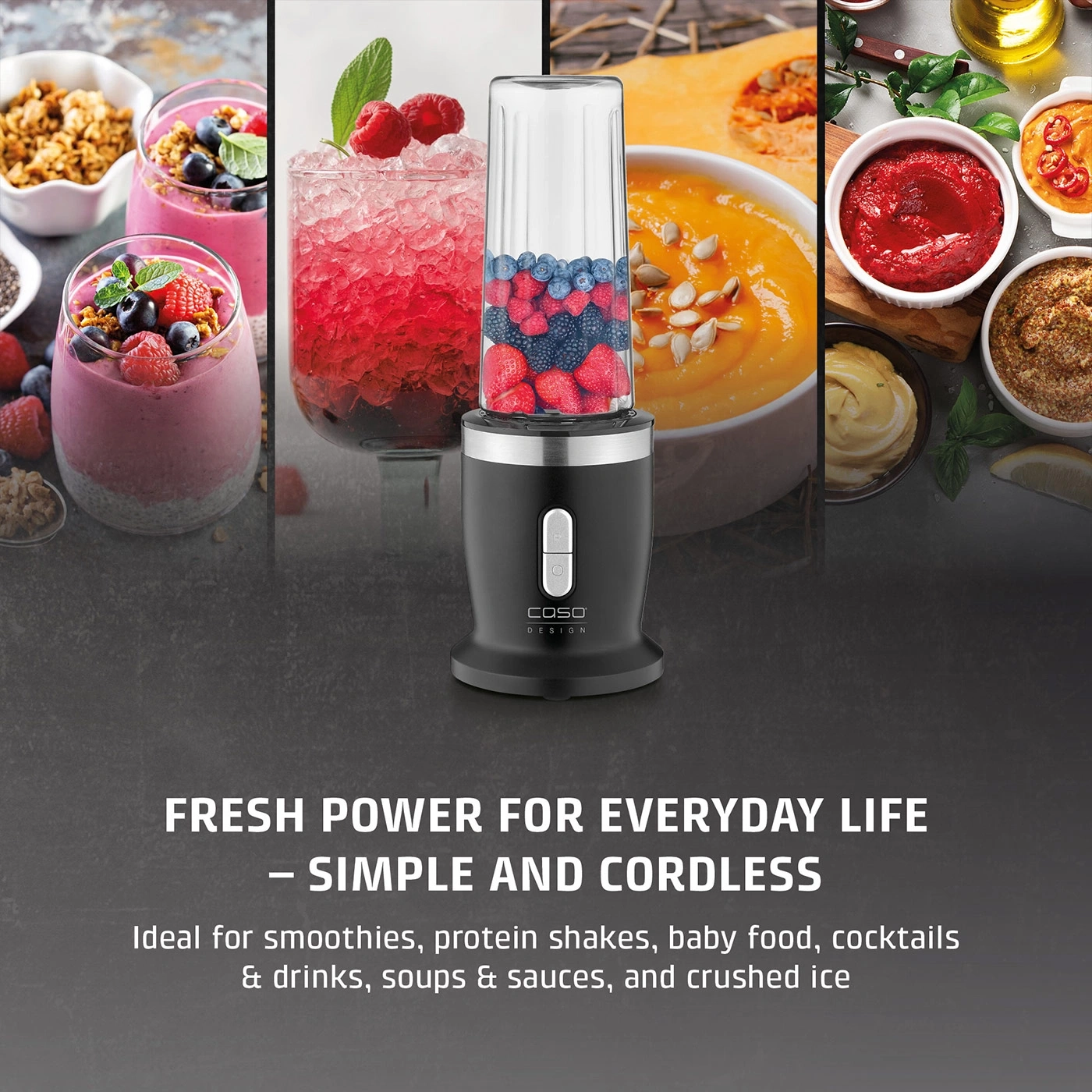 A cordless blender with fruits and smoothies, soups, and ice.
