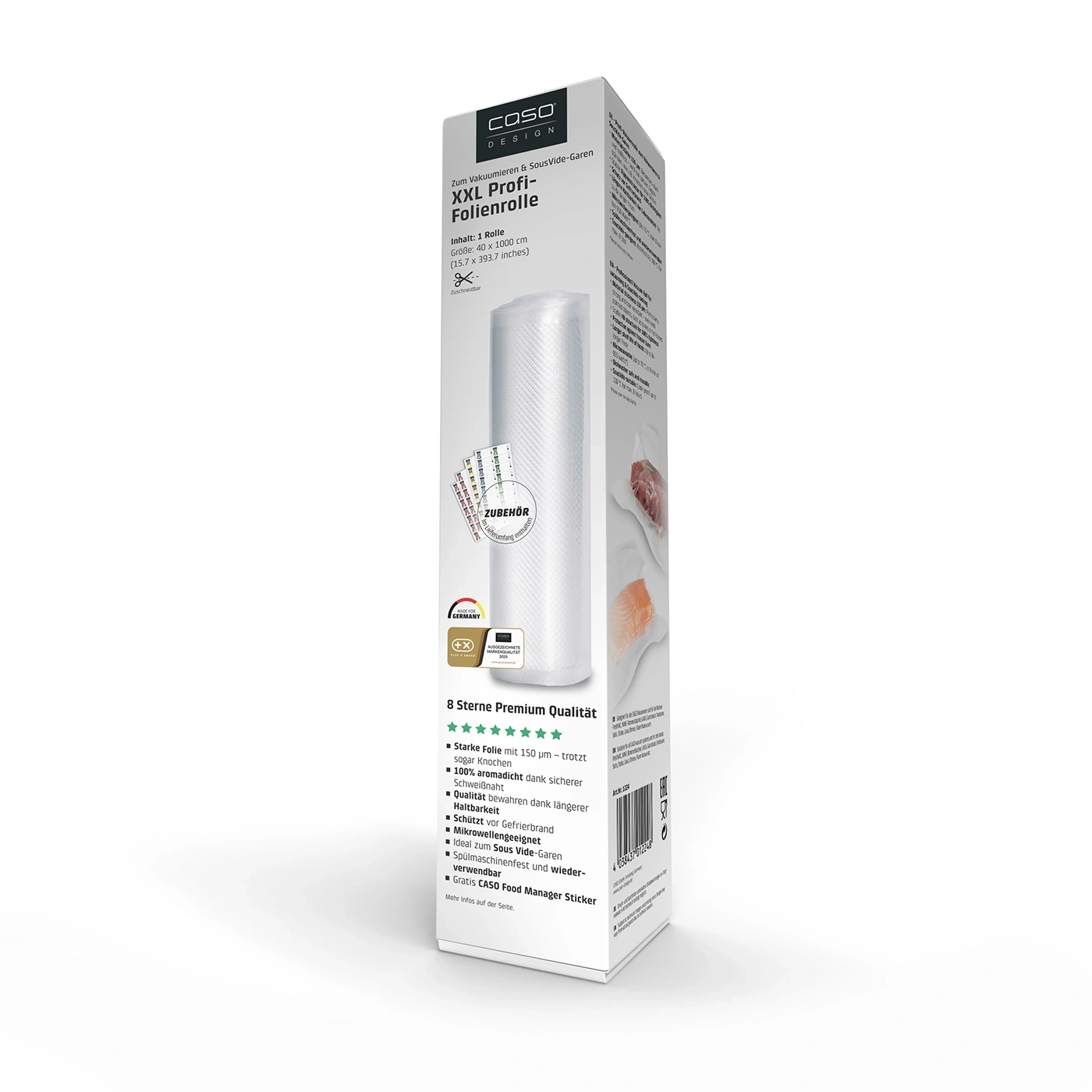 A roll of XXL-sized vacuum sealing film from Caso. The packaging shows
various vacuum-sealed foods.