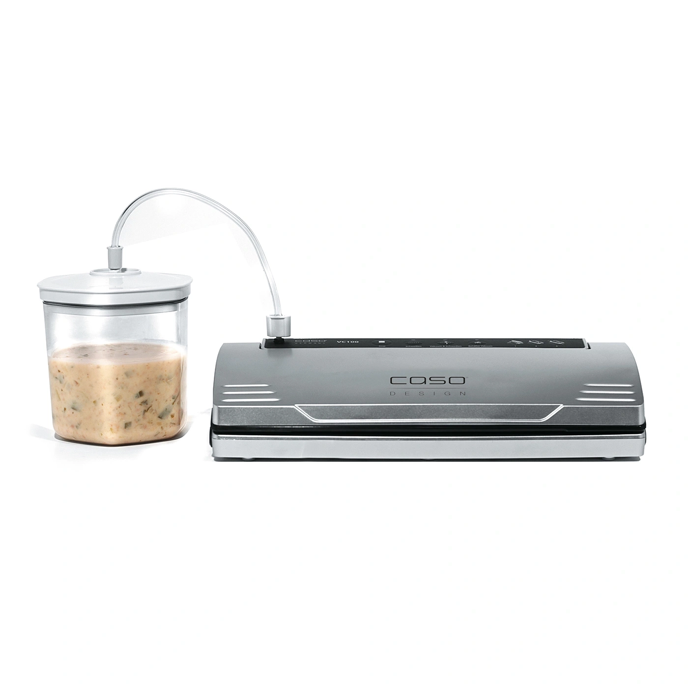 Vacuum sealer with container and soup, silver, Caso Design VC100