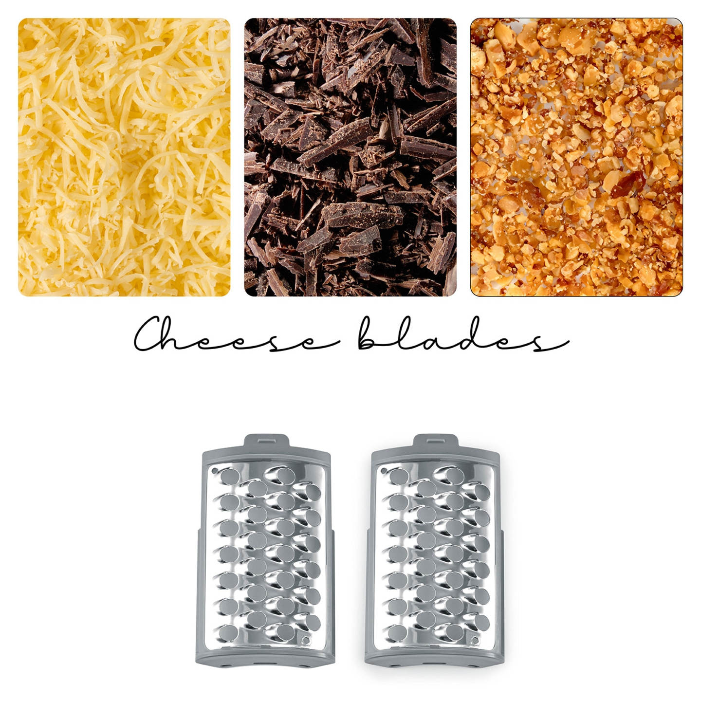 Cheese, chocolate, and nuts with grater blades. Ingredients for cooking.