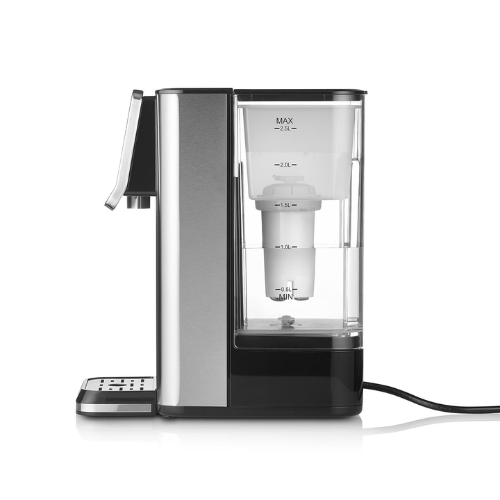 Stainless steel water boiler with filter and water level indicator, black and silver