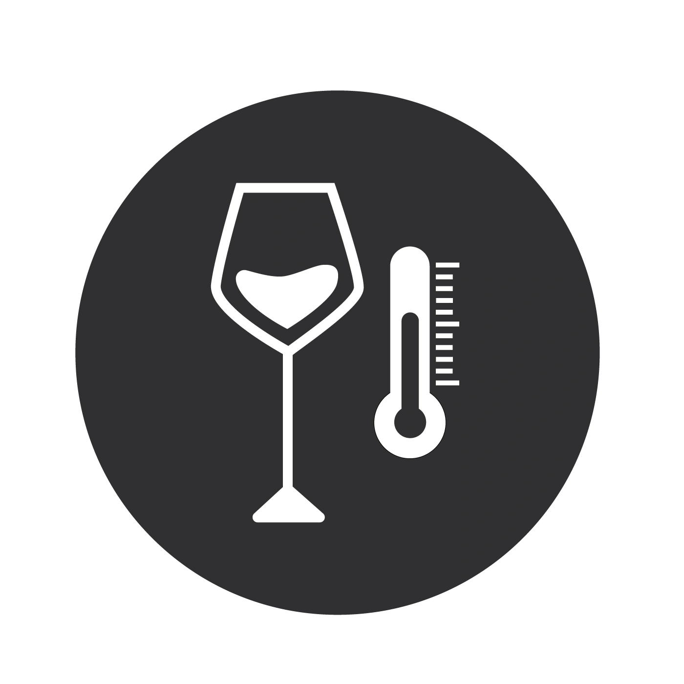 Weinglas und Thermometer in einem dunklen Kreis, Wein Temperatur