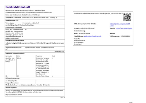 Produktdatenblatt mit Informationen zu Energieverbrauch und technischen Daten.