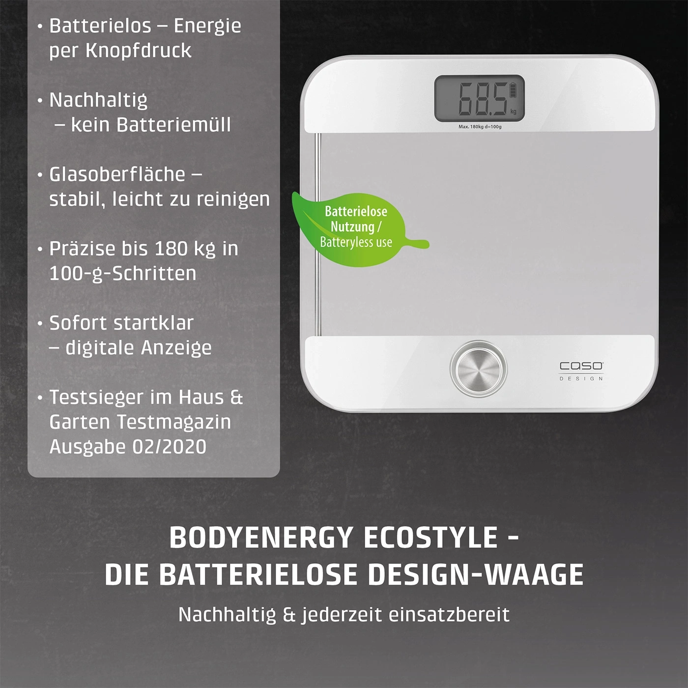 Weiße Design-Waage mit digitaler Anzeige und Blatt-Symbol "Batterielose Nutzung"
