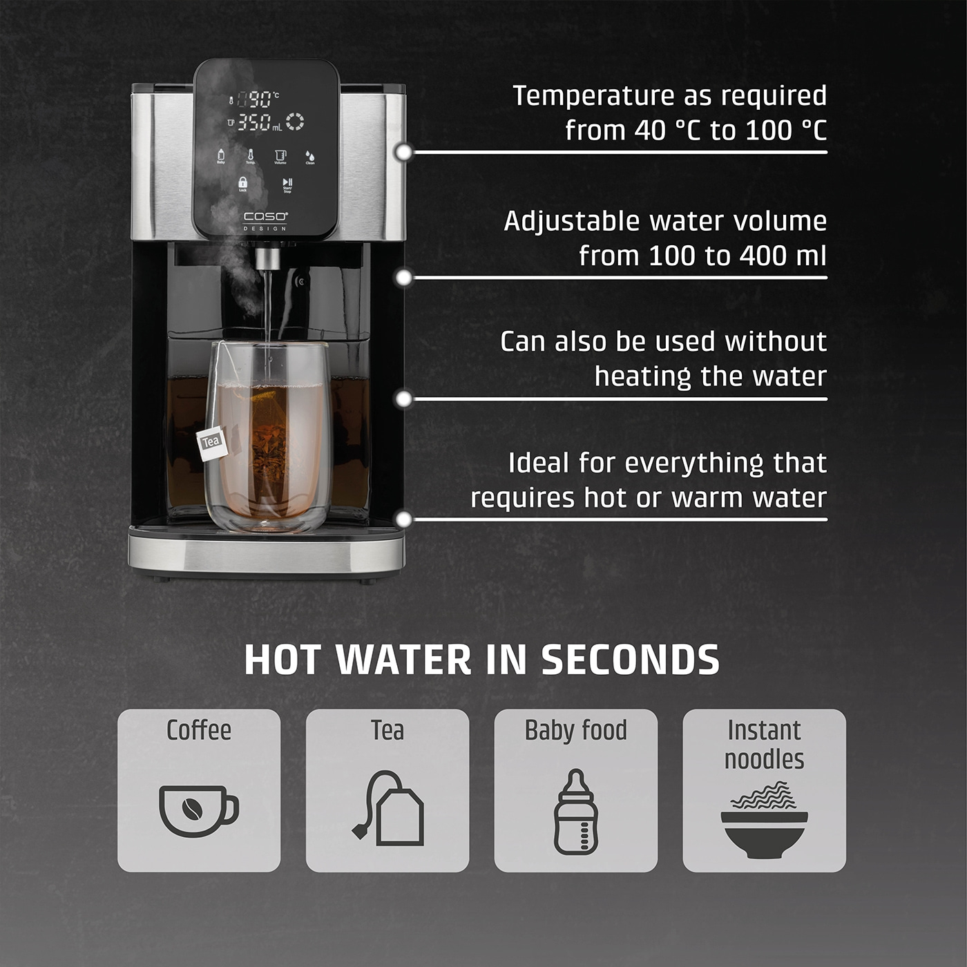 Hot water dispenser with temperature control and various applications like coffee and tea.