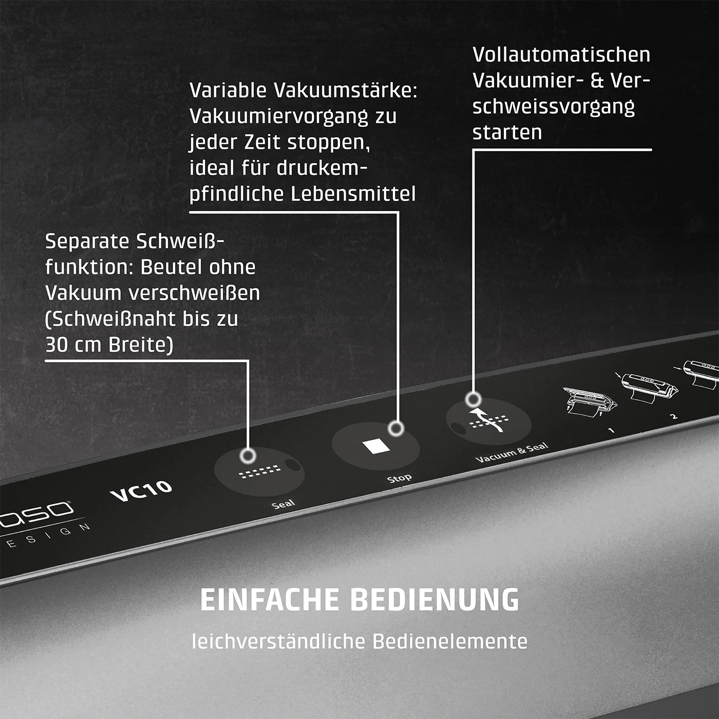 Vakuumiergerät mit Funktionen: Vakuum, Schweißen, Stopp, einfach zu bedienen.