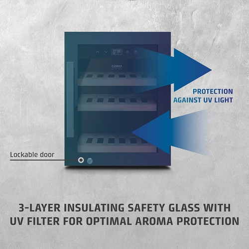 Wine cooler with UV filter, lockable door, aroma protection, 3-layer insulated glass.