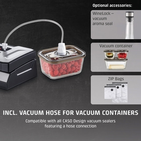 Vacuum sealer with accessories: vacuum hose, wine lock, containers, zip bags. Suitable for CASO.
