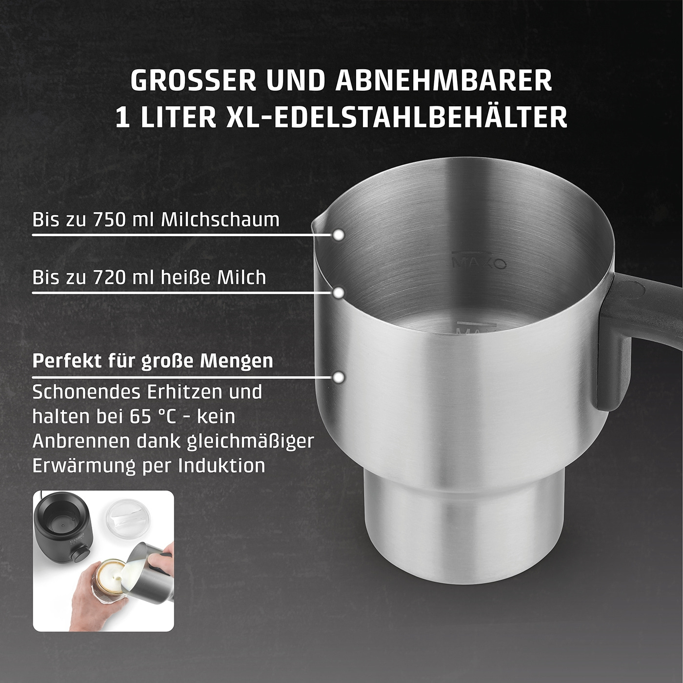 PremiumLatte XL Induktions- Milchaufschäumer für Kuhmilch- und Pflanzendrinks