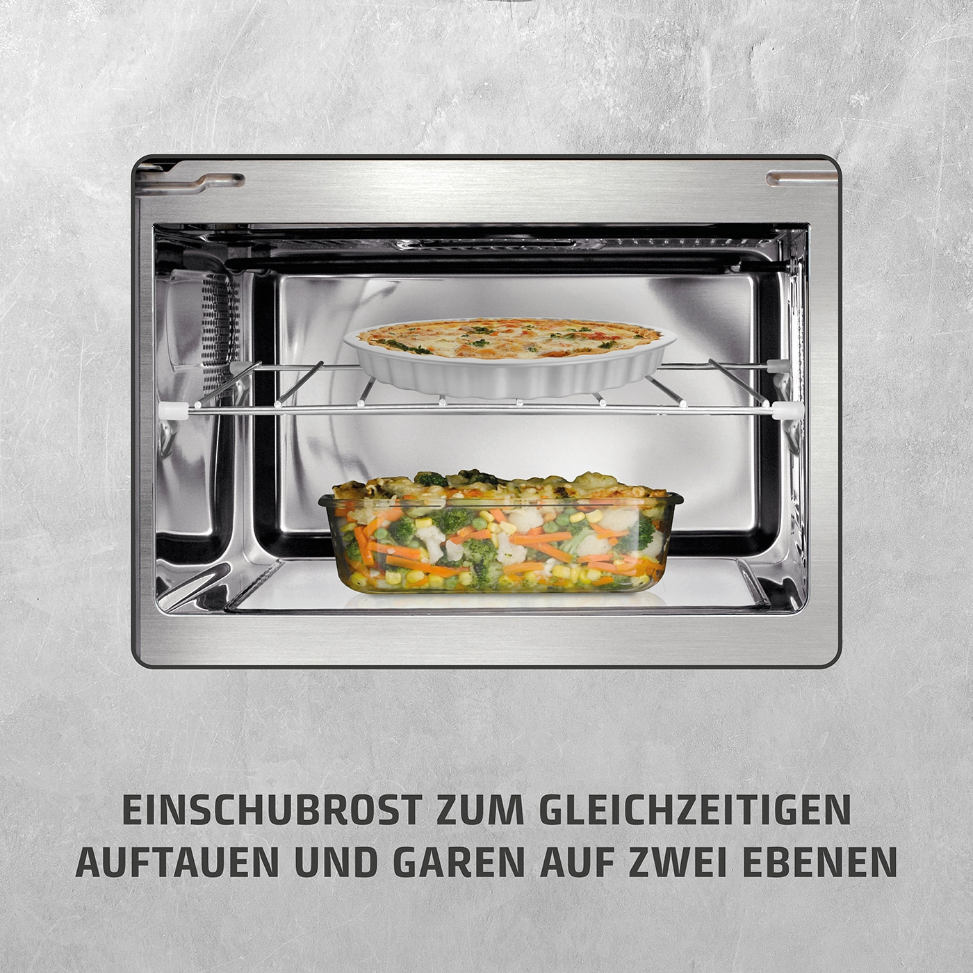 Backofen mit zwei Ebenen, Auftauen und Garen gleichzeitig.
