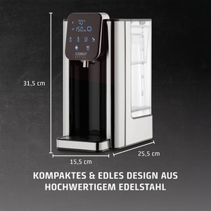 Wasserkocher aus Edelstahl, 31,5 cm hoch, 25,5 cm breit, 15,5 cm tief, kompaktes Design