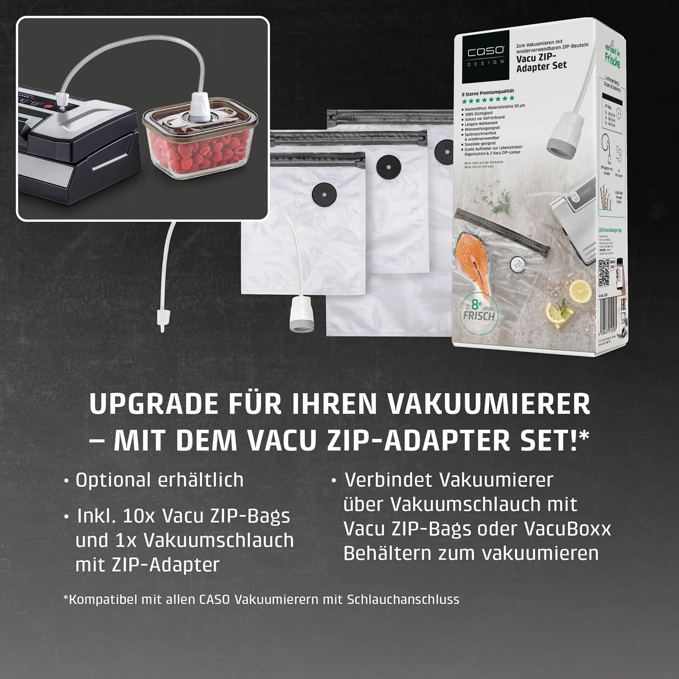 Caso Vacu Zip Adapter Set mit Vakuumbeuteln und Schlauch.