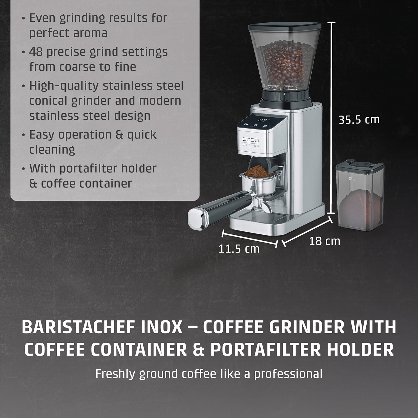 Barista coffee grinder with portafilter holder and coffee container