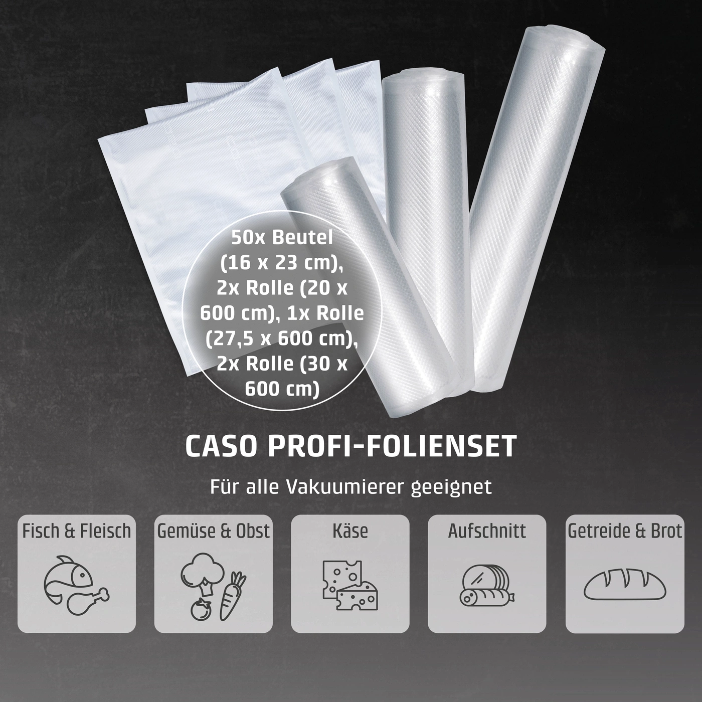 Vakuumierfolien-Set mit Beuteln und Rollen für Lebensmittel wie Fisch, Gemüse, Käse, Aufschnitt und Brot.