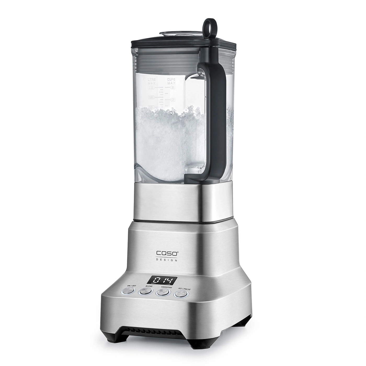 A silver blender with black lid and handle, filled with crushed ice.