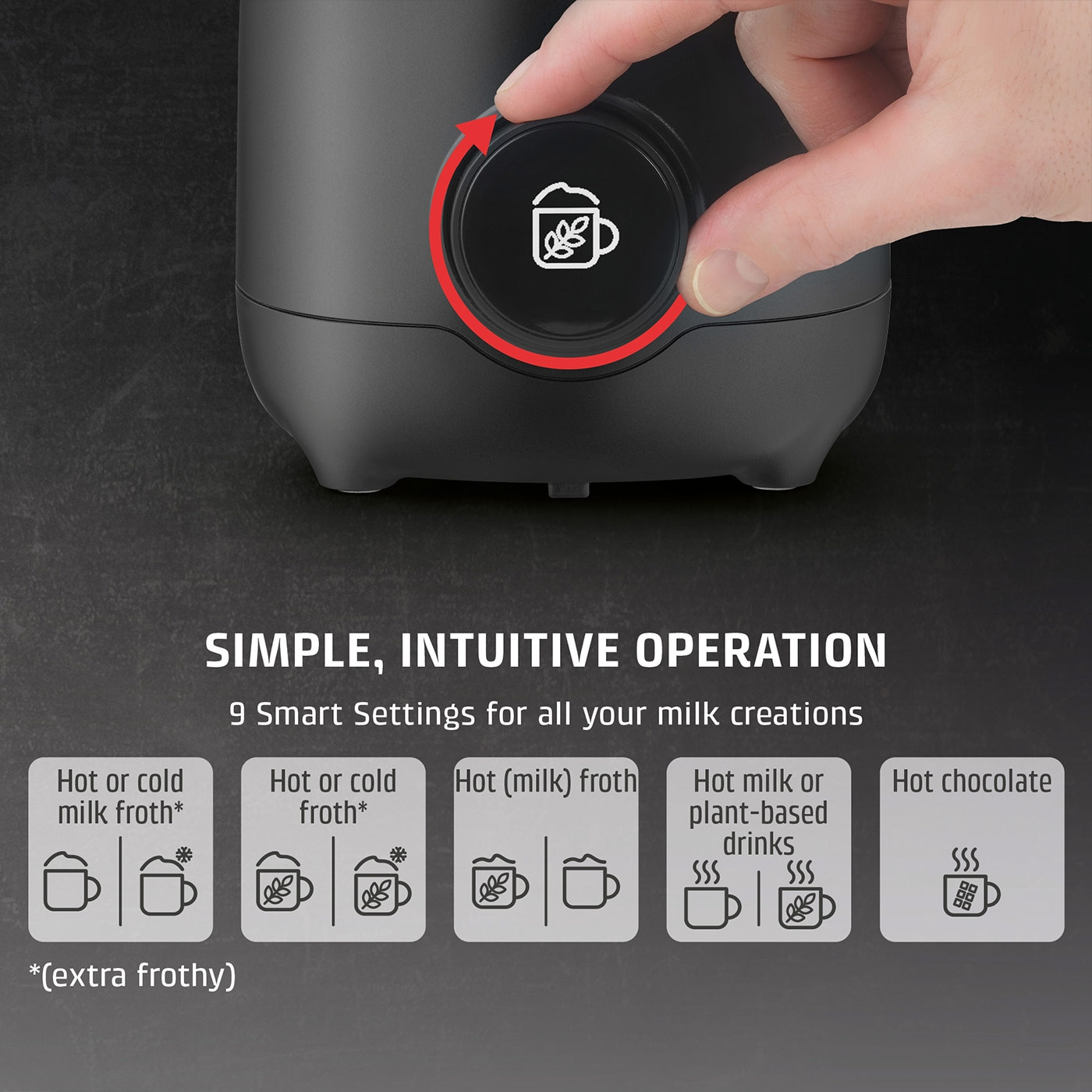 Milk frother with programs for milk and chocolate, intuitive operation with dial.