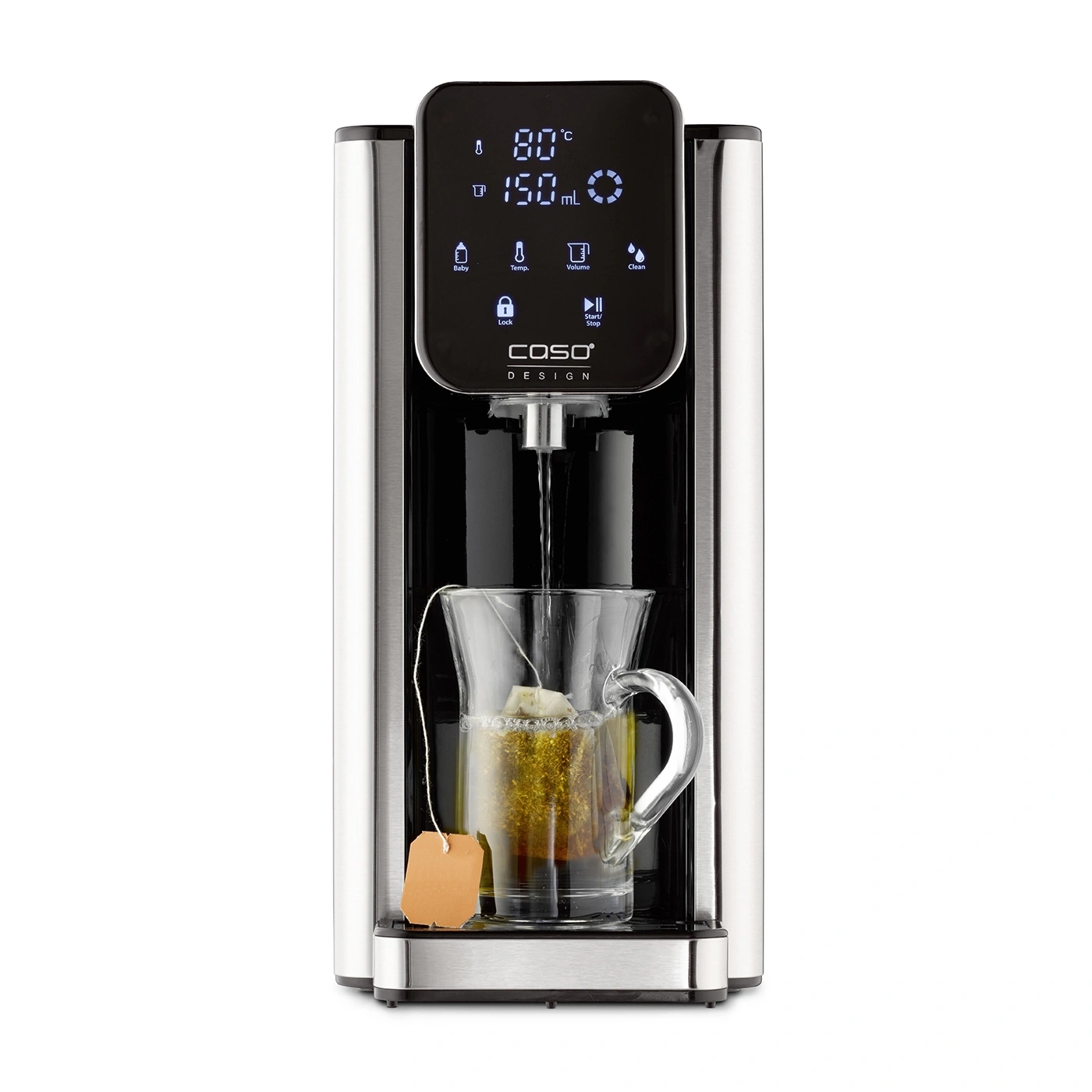 Tea machine with digital display, kettle, glass cup, tea bag, temperature display, volume display
