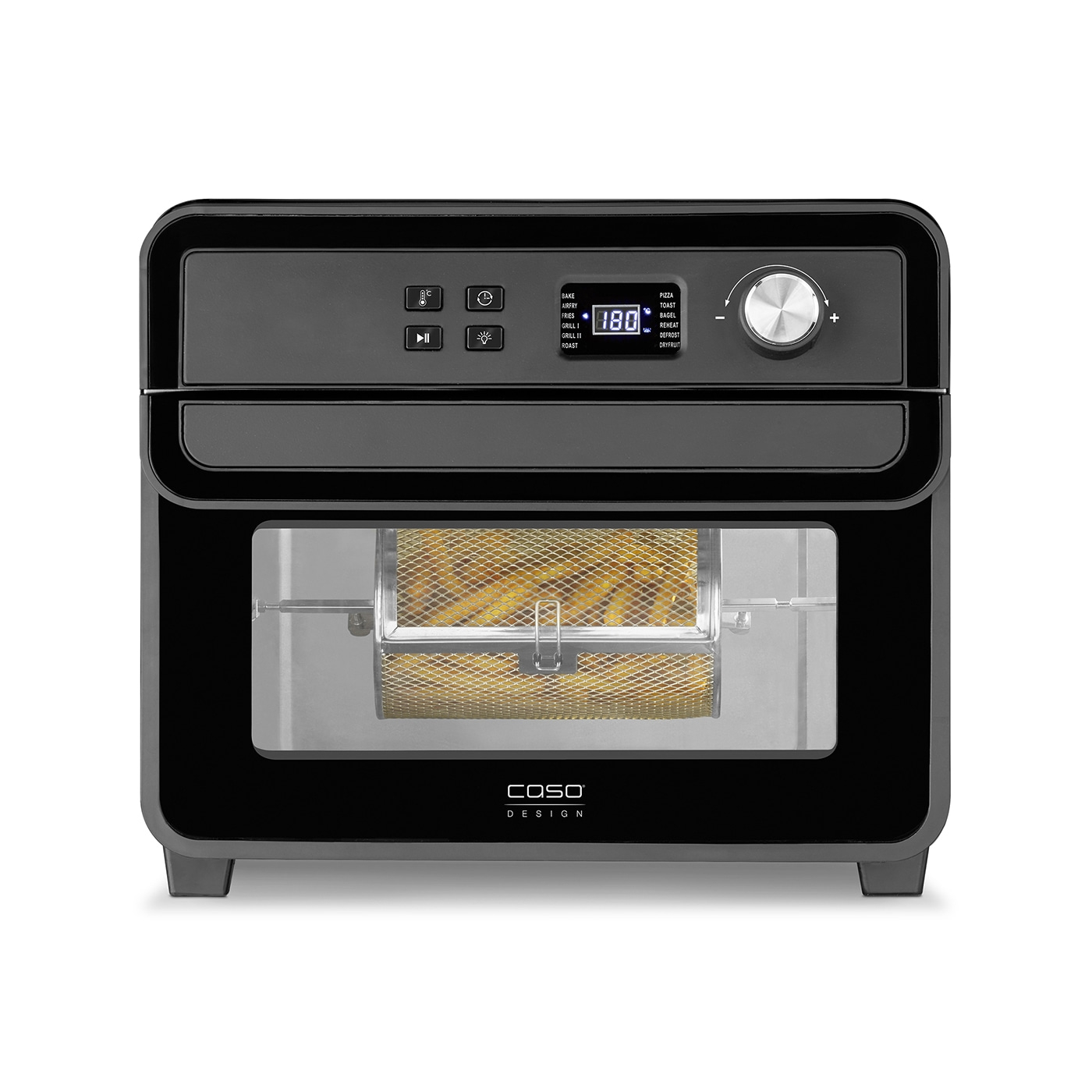 Schwarzer Airfryer mit Bedienfeld, Essen im Inneren, Marke COSO Design.