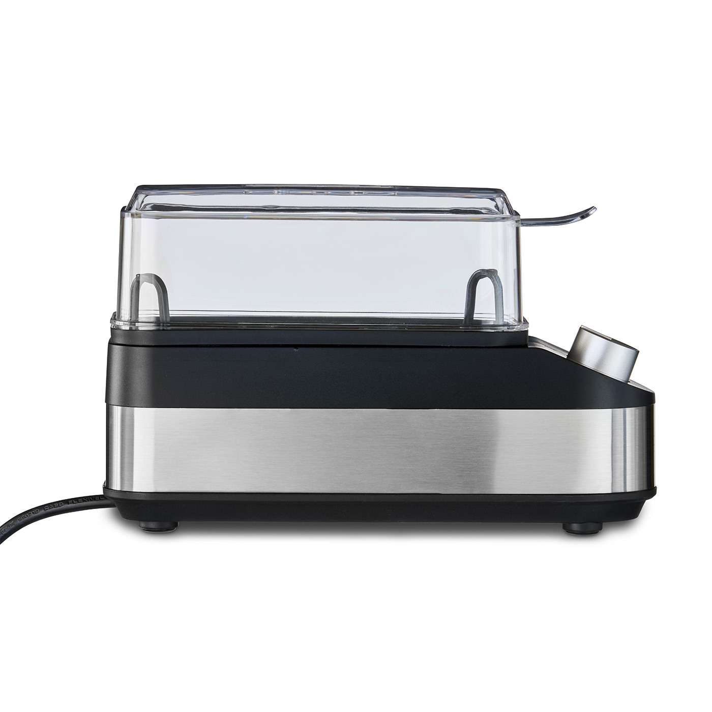 Egg cooker with transparent lid and knob for temperature control, black and silver.