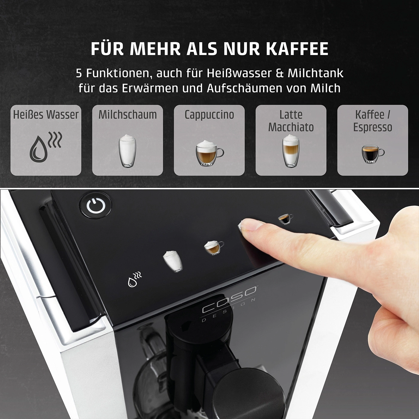 Kaffeemaschine mit verschiedenen Funktionen, einschließlich Heißwasser und Milchschaum.