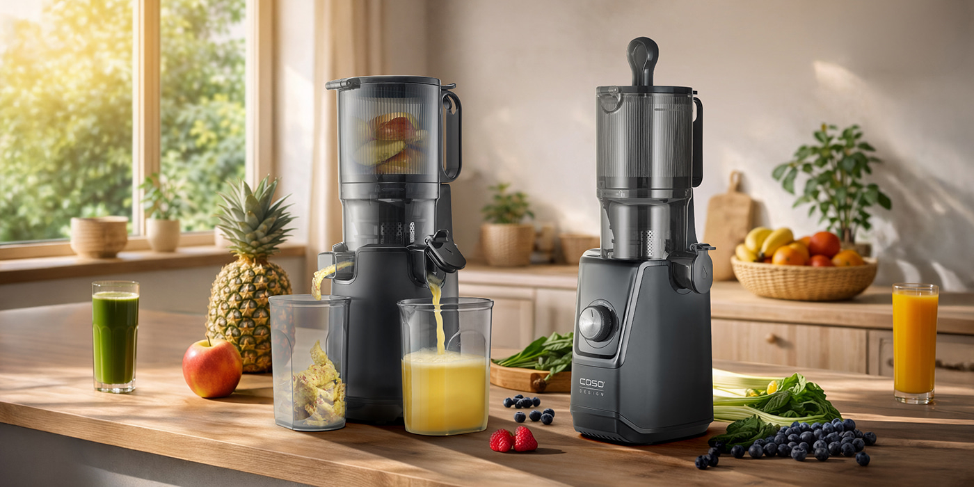 Juicer in einer Küche mit frischem Obst und Gemüse, das frisch gepresst wird.