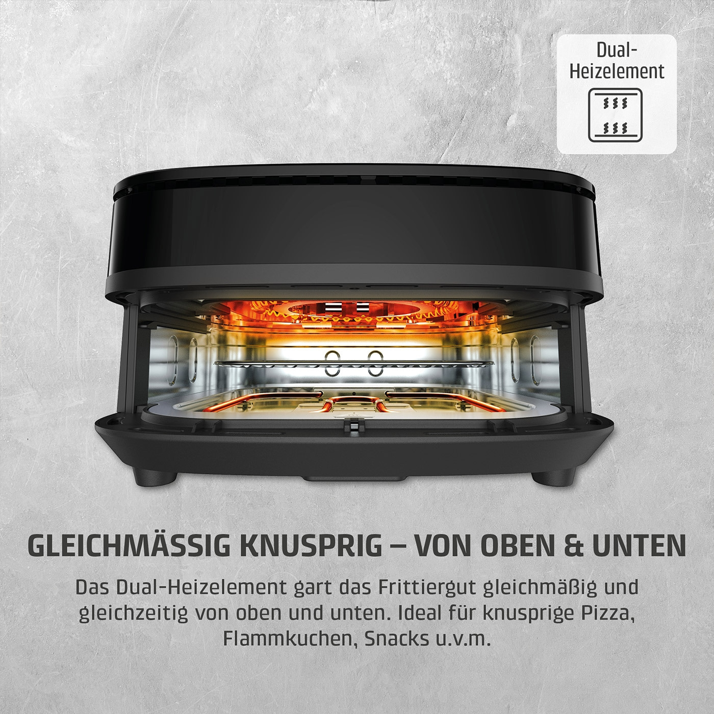 Ein Heißluftofen mit Doppelheizelement für gleichmäßig knusprige Ergebnisse von oben und unten.
