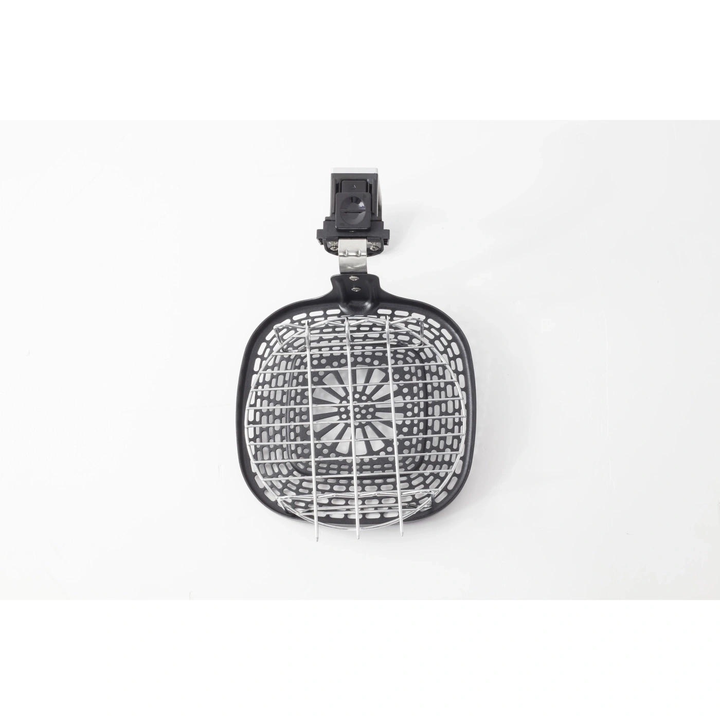 Black basket with metal grid hanging against a white background.