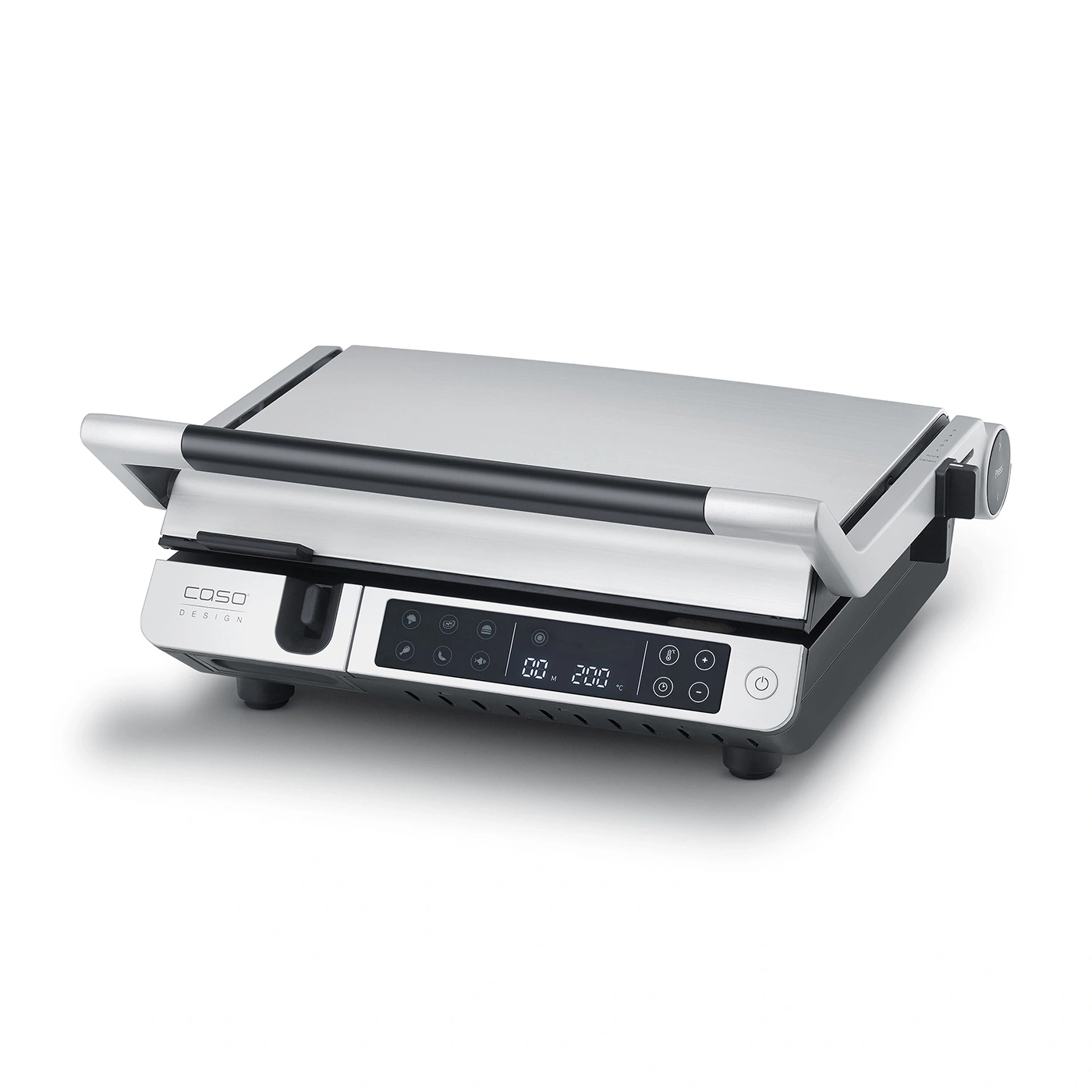 Electric contact grill, silver and black, with digital display and control elements.