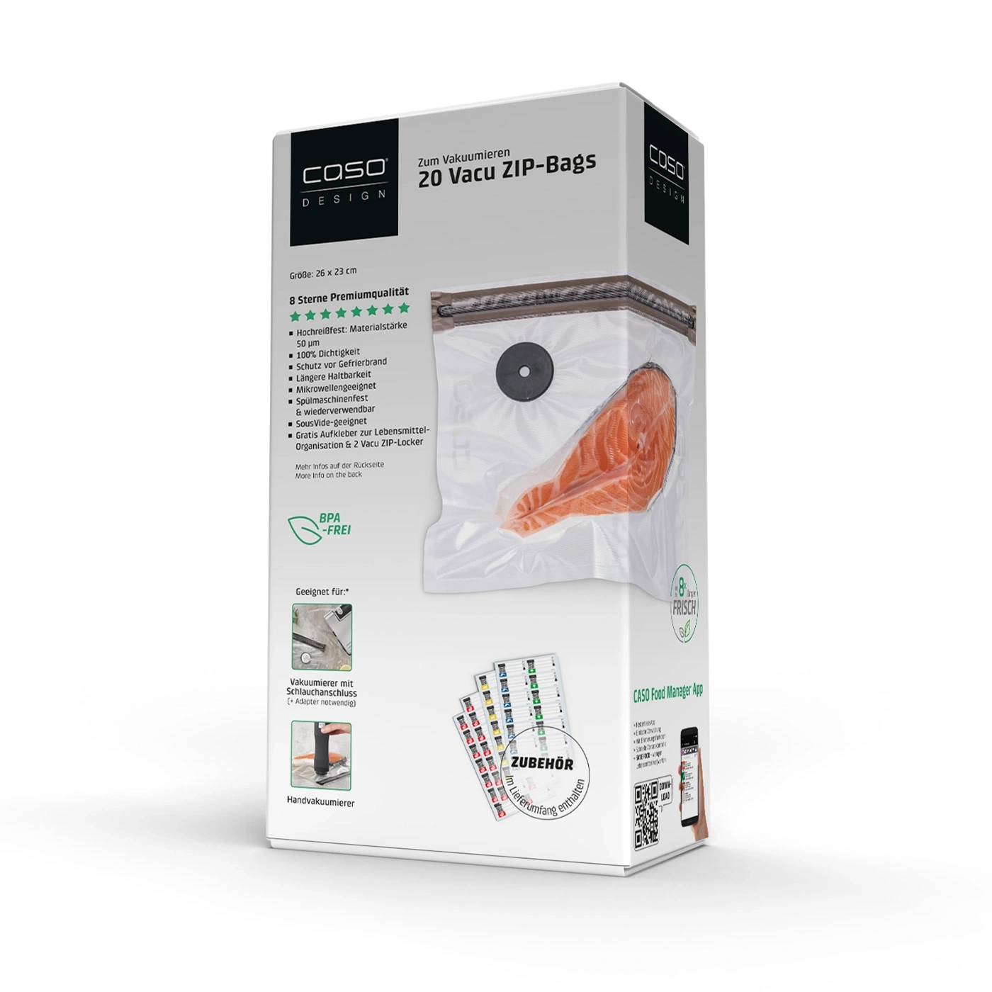 Caso vacuum bags, 20 pieces, 26x23cm, BPA-free, for food, accessories