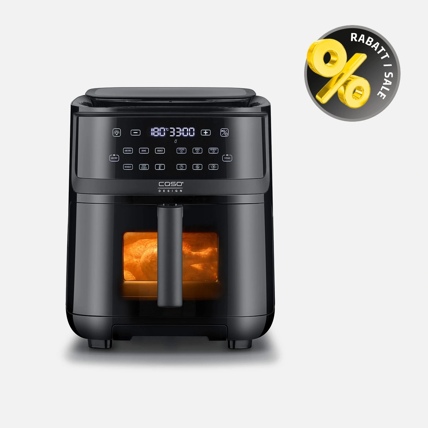 A black air fryer oven with a discount symbol.